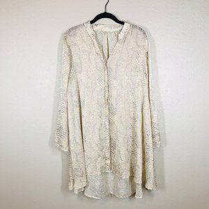 Soft Surroundings Cream and Gray Animal Print Sheer Swing Button Down Tunic